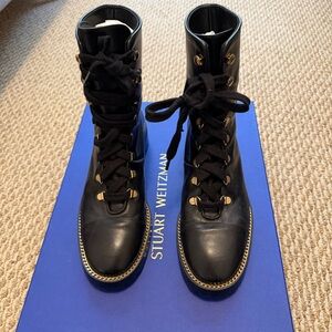 Stuart Weitzman Black Leather Lace-Up Chain-Trim Kolbie Combat Boots